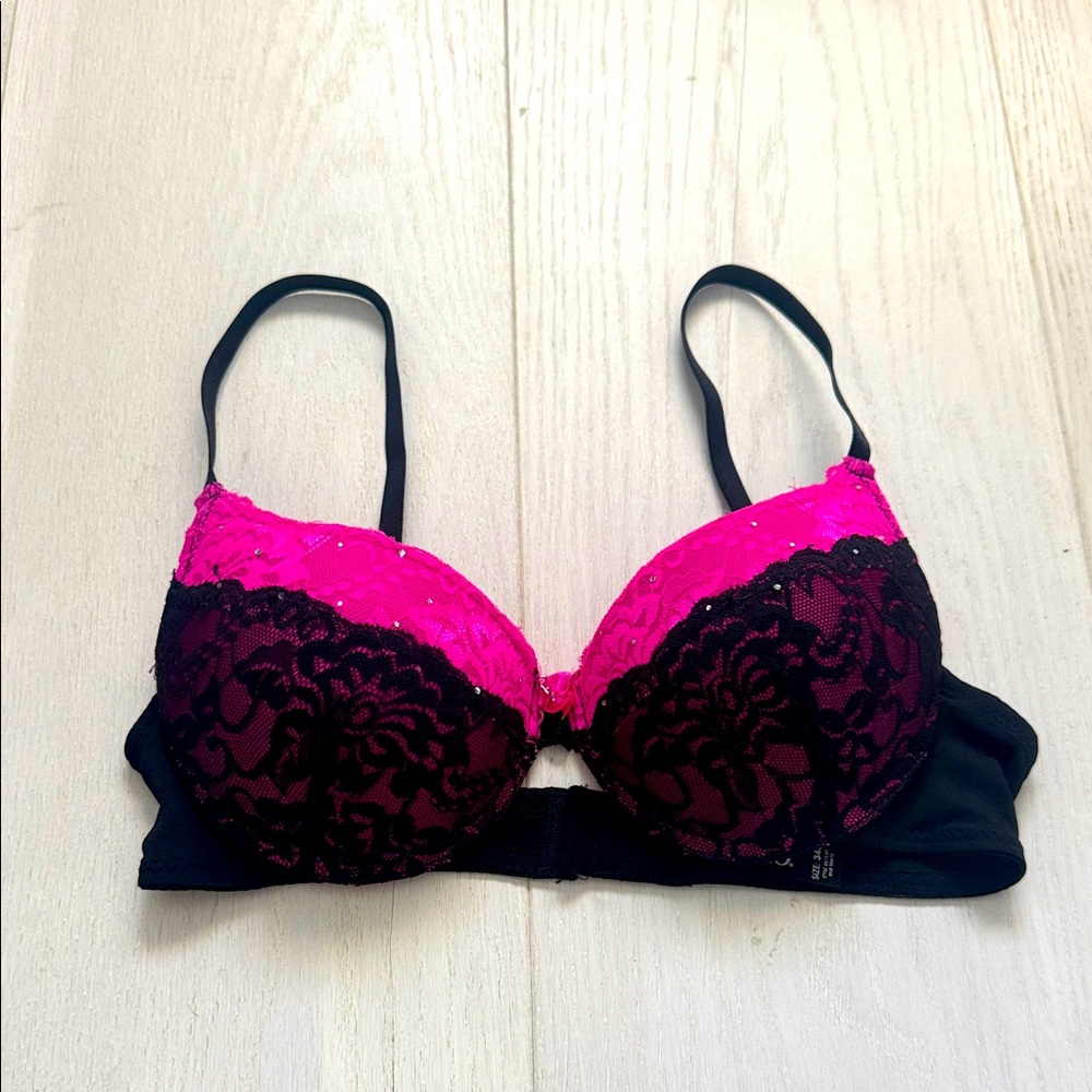 XOXO Pink and Black Lace Underwire Bra 34B
